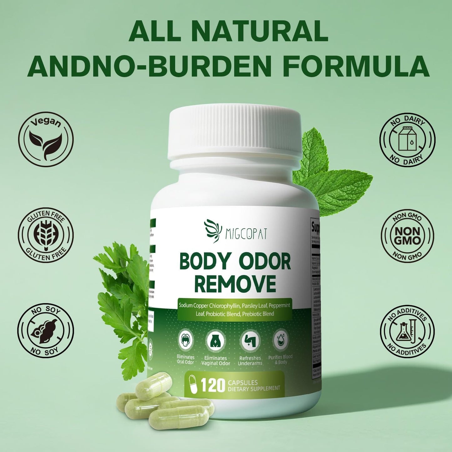 Chlorophyll Body Deodorizing Supplement – 120 Caps, Parsley & Peppermint
