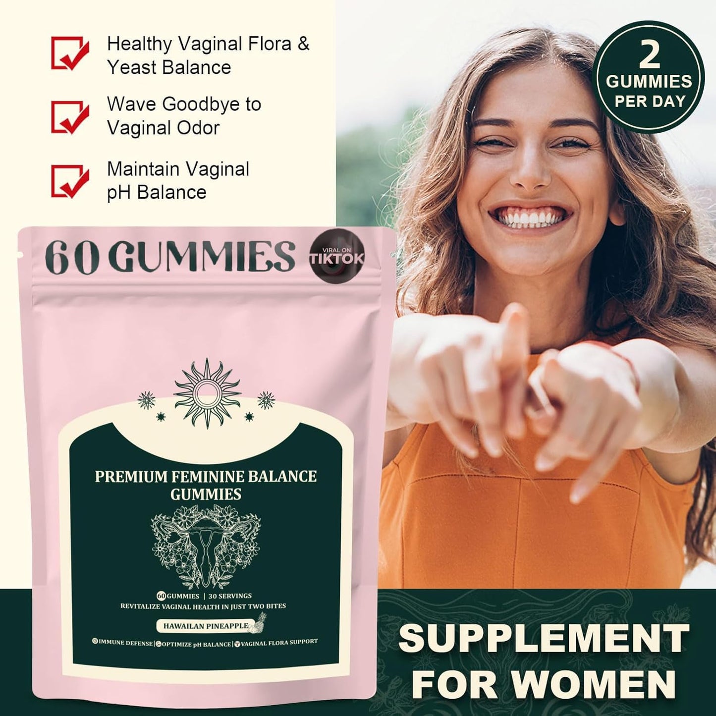 Premium Feminine Balance Gummies for Women | Pineapple Flavor, Gluten-Free, 60 Gummies