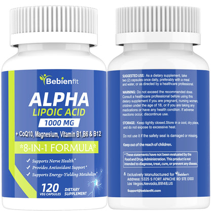 Alpha Lipoic Acid 1000mg with Magnesium Glycinate – Neuropathy Support, CoQ10 & B Vitamins – Gluten-Free Vegan 120 Caps