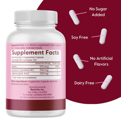 BESTVITE Acetyl L-Carnitine 500mg & Alpha Lipoic Acid 200mg per Capsule with Biotin (120 Vegetarian Capsules) - No Stearates - Vegan - Non GMO - Gluten Free