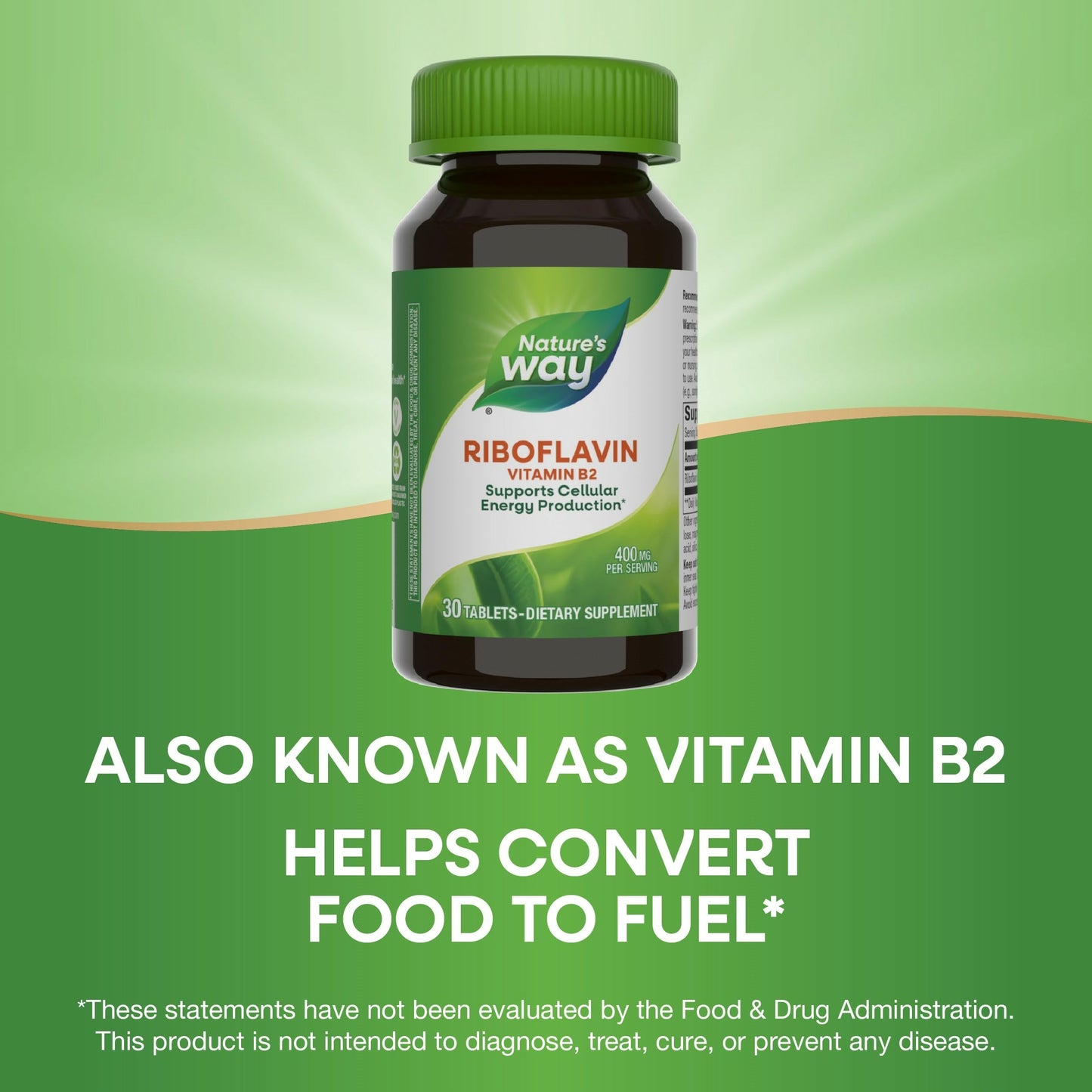 Nature's Way Riboflavin Vitamin B2, Supports Cellular Energy Production*, Vegan, 30 Tablets (Packaging May Vary)