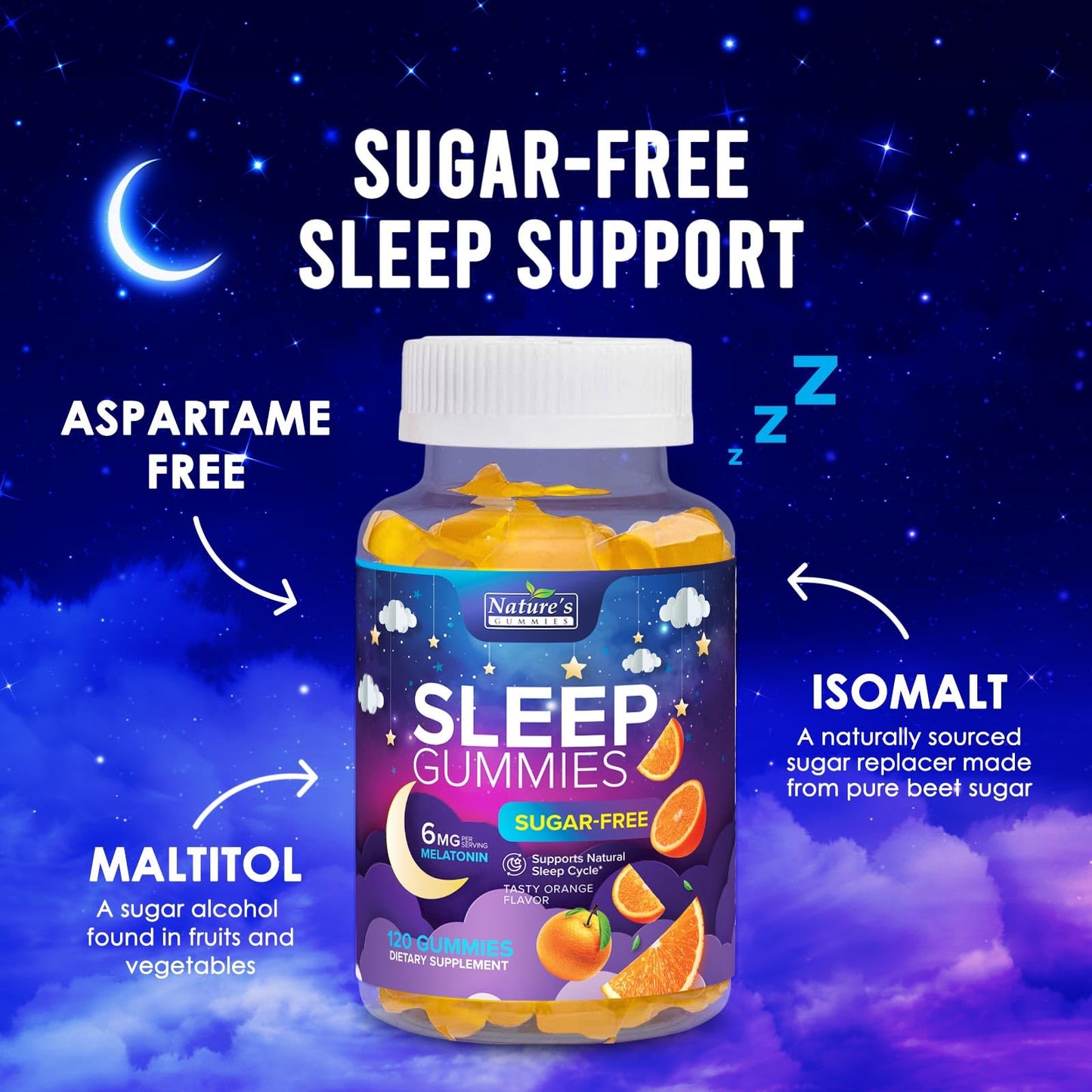 Sleep Gummies 6mg - Sugar Free Melatonin Orange Gummy for Adults & Kids | 120 Gummies
