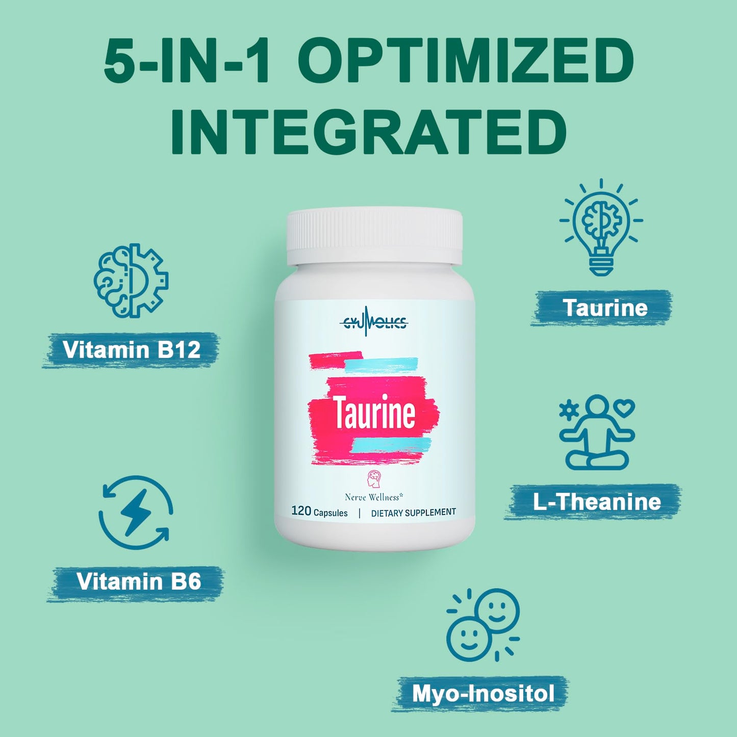 Gyumolics Taurine 2000mg – 5-in-1 Plant-Based Amino Acid Supplement (L-Theanine, Myo-Inositol, B6 & B12)