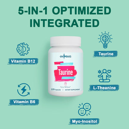 Gyumolics Taurine 2000mg – 5-in-1 Plant-Based Amino Acid Supplement (L-Theanine, Myo-Inositol, B6 & B12)
