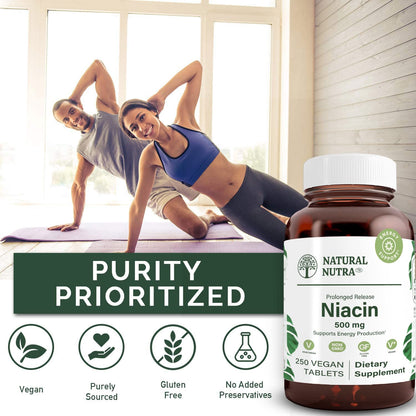 Natural Nutra Niacin 500mg Time-Release – Vitamin B3 for Heart Health, Skin & Cognition | 250 Vegan Tablets