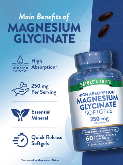 Nature's Truth Magnesium Glycinate Softgels – 250 mg, 60 Pills | High Absorption, Non-GMO, Gluten Free