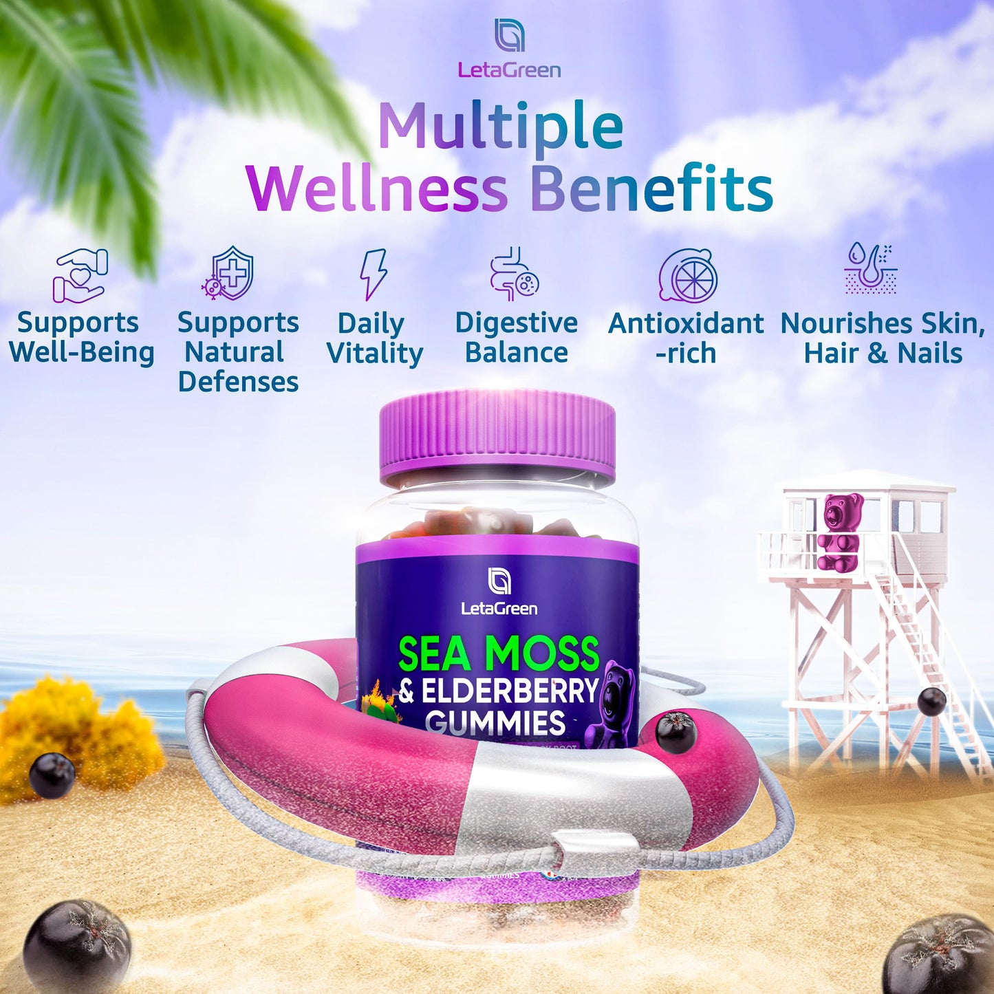 LetaGreen Irish Sea Moss Gummies – Multimineral with Bladderwrack & Elderberry (60 Vegan Gummies)