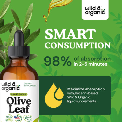 Wild & Organic Olive Leaf Liquid Extract – Immune Support | Vegan, Alcohol-Free | 4 fl oz