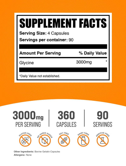 BulkSupplements Glycine Capsules - Gluten Free Amino Acid, 360 Count
