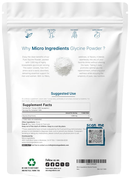 Glycine Powder 1KG (2.2 lb) – 1000mg/Serving, Sleep & Neurotransmitter Support | Micro Ingredients, USA Made