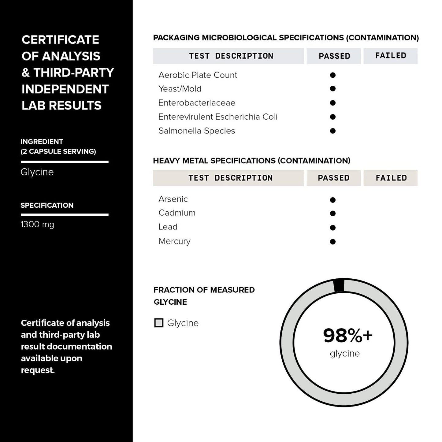 Toniiq Glycine 1300mg Supplement - 240 Capsules | 120 Servings | 98.5%+ Purity