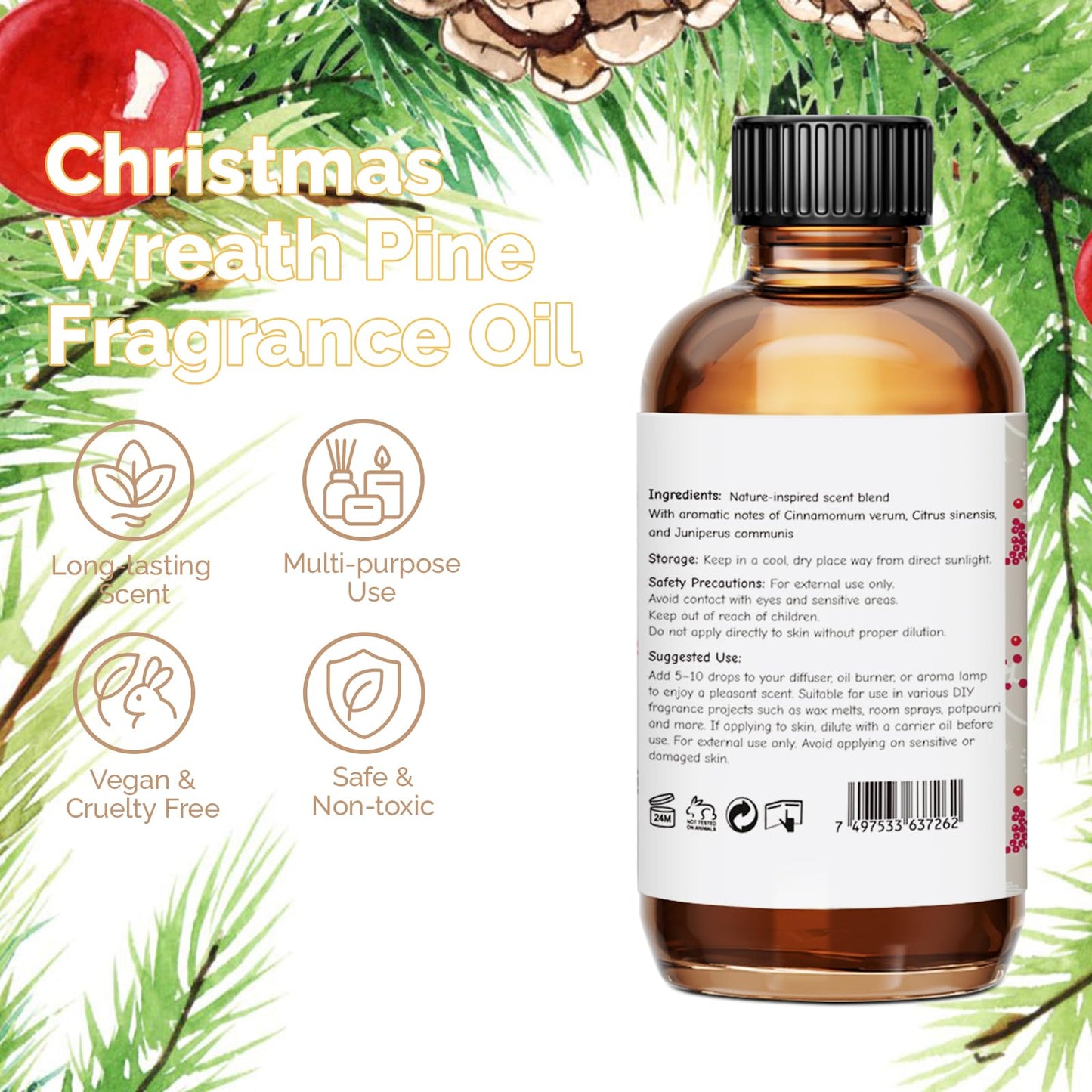 GM Gumili Christmas Wreath Pine Fragrance Oil 2 oz - Cozy Pine Scent for Diffusers, Candles & Soaps