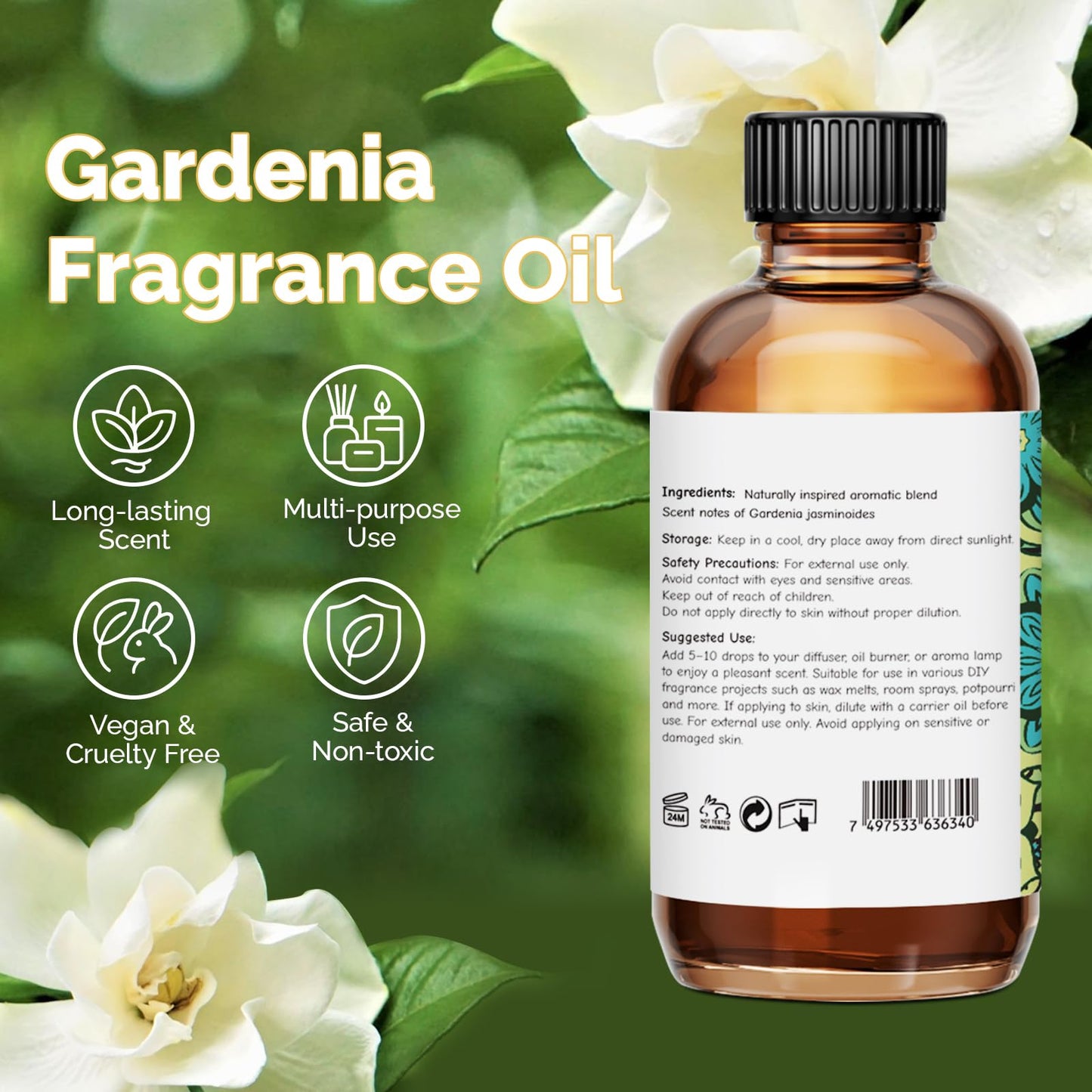 GM Gumili Gardenia Fragrance Oil 2 Oz – Floral Scent for Diffuser, Candle, Soap, DIY Perfume & Body Care