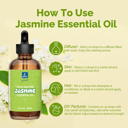 GM Gumili Jasmine Essential Oil 2 Oz - 100% Pure Jasmine Oil for Diffuser & Skin