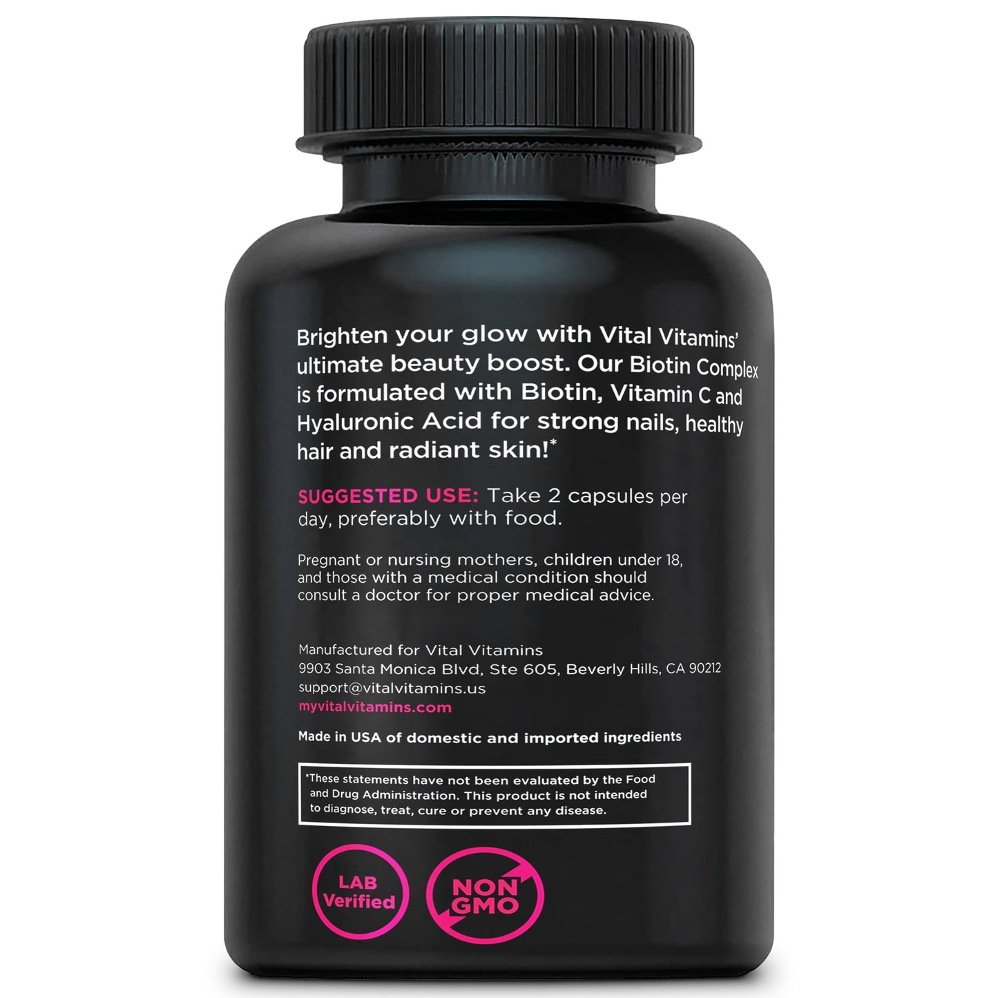 Vital Vitamins Biotin Complex Pills – Hyaluronic Acid, MSM, Collagen & Vitamin C | Hair, Skin & Nails Supplement (60 Capsules)