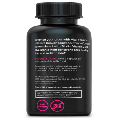 Vital Vitamins Biotin Complex Pills – Hyaluronic Acid, MSM, Collagen & Vitamin C | Hair, Skin & Nails Supplement (60 Capsules)