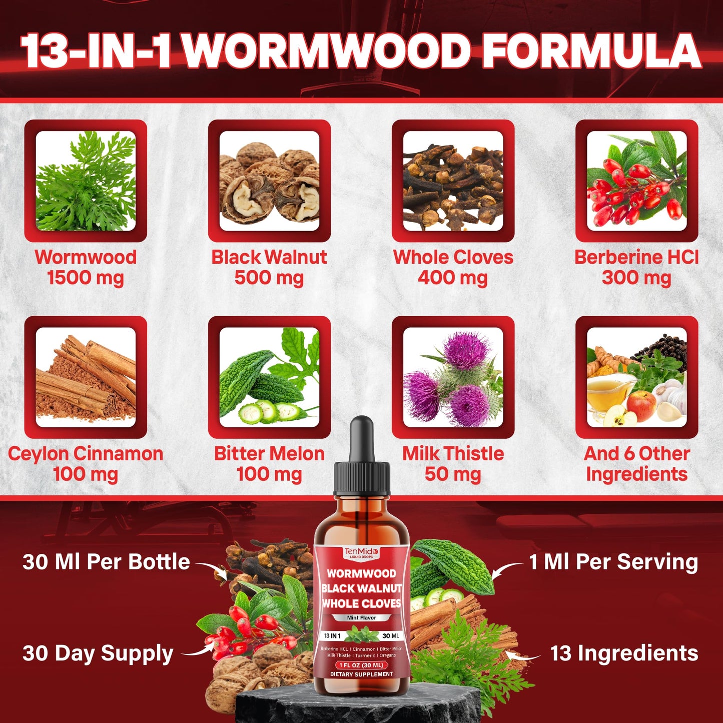Tenmido 13in1 Wormwood Tincture - 30 Days Supply, 1 Fl Oz