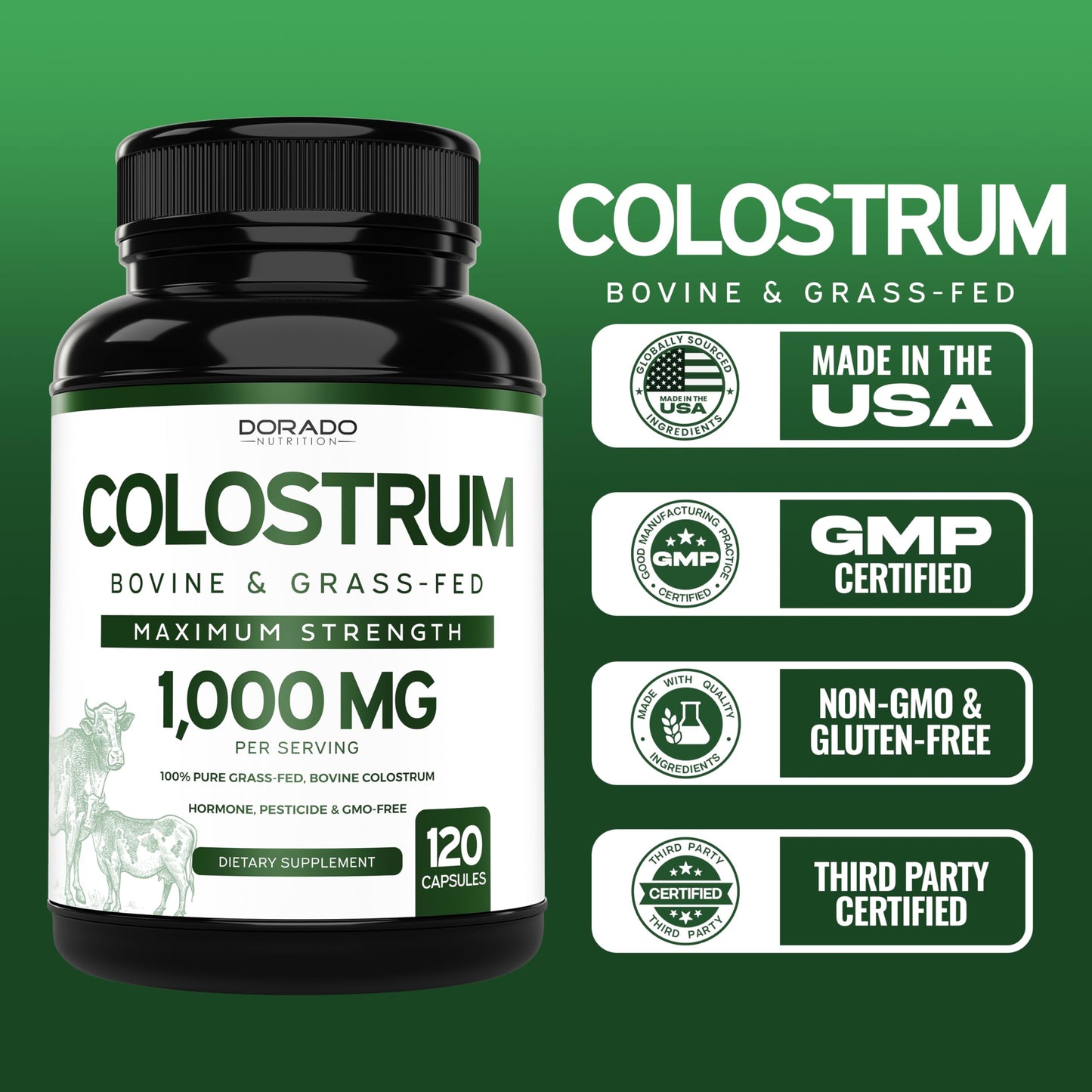 Colostrum Supplement 120 Count – 1000mg per Serving, Grass-Fed, USA Made, 20% IgG