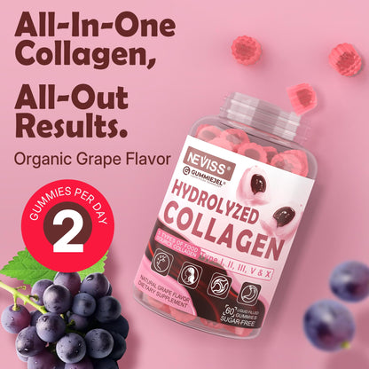 Hydrolyzed Collagen Gummies with Vitamin D3 & Biotin – Multi-Type I II III V X, Sugar Free, 60ct