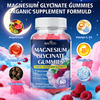 Magnesium Glycinate Gummies 1000mg with L-Threonate – D3, B6 & CoQ10 | Sugar-Free Raspberry, 60 Count