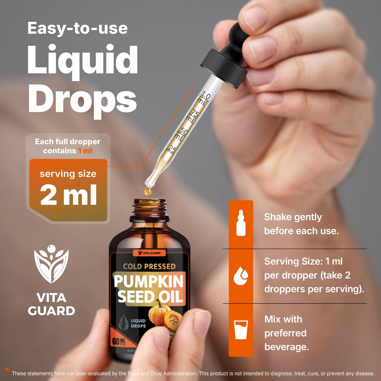 Vita Guard Cold Pressed Pumpkin Seed Oil Liquid Drops – 2000mg per Serving | Vegan, Gluten-Free, Non-GMO | Hair, Skin & Prostate Support | Natural Pumpkin Flavor | 60ml Dietary Supplement