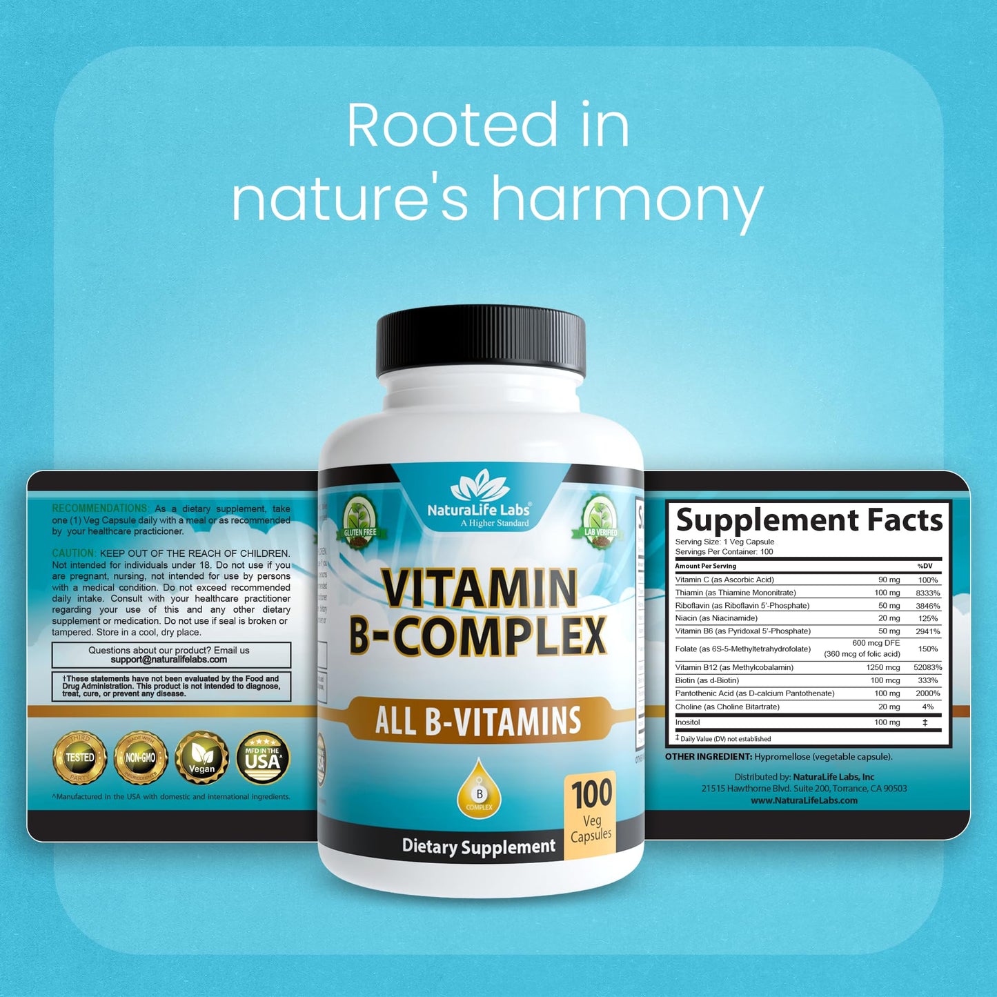 NaturaLife Labs Vitamin B-Complex with Vitamin C & Folic Acid | 100 Capsules