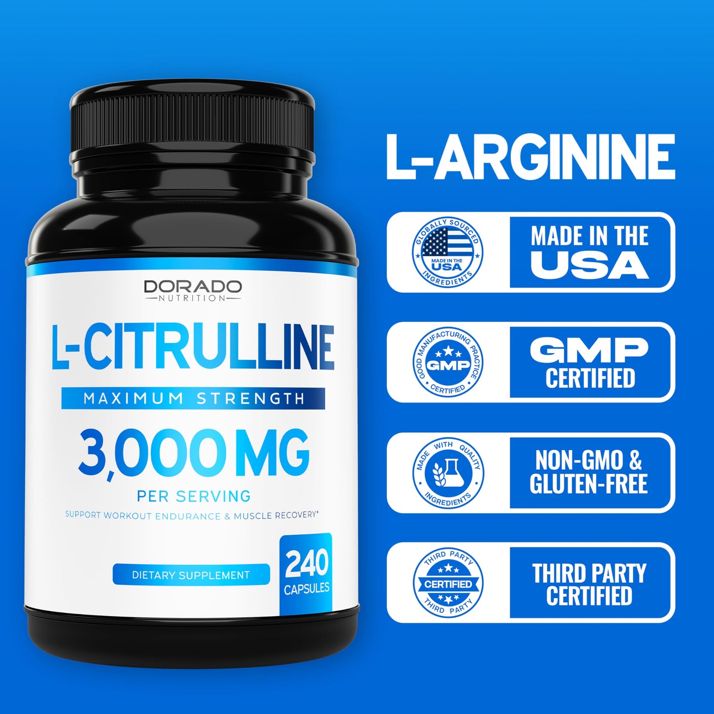 L-Citrulline 3000mg Supplement – 240 Capsules | Vegan, Non-GMO, USA Made