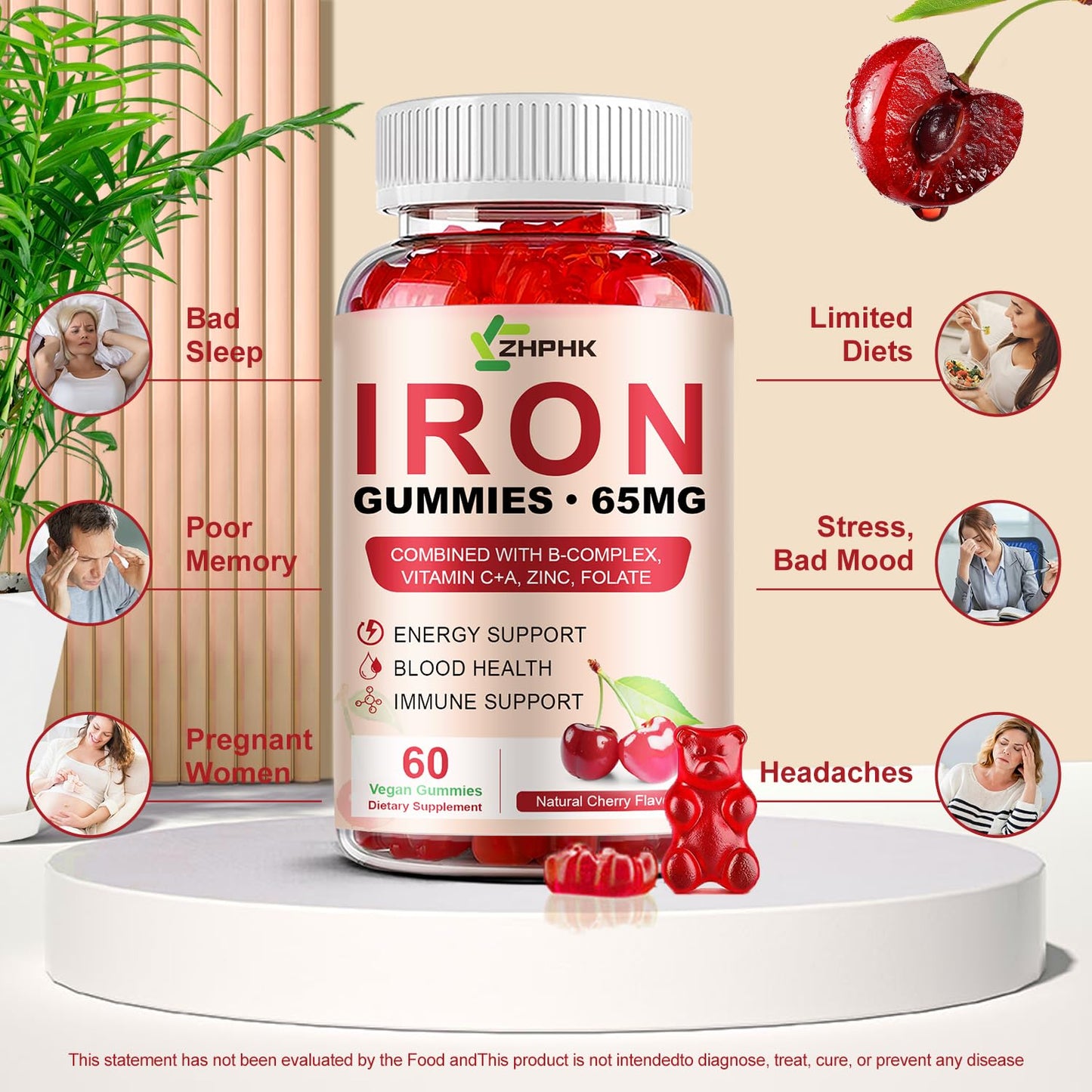 Iron Gummies 65mg Iron + Vitamin C 250mg | For Women, Men & Kids – Cherry (60 Count)