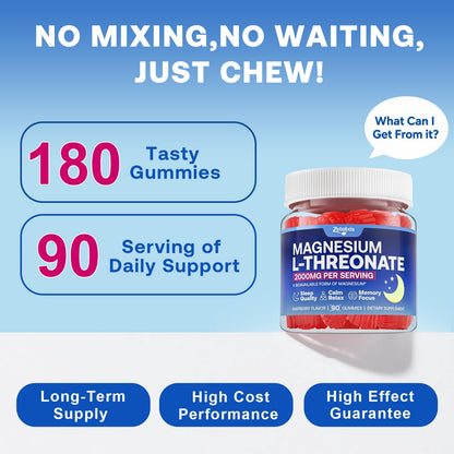 180 Count 2-Pack Magnesium L-Threonate Gummies 2000mg – Sleep & Cognition (Vegan, Raspberry)