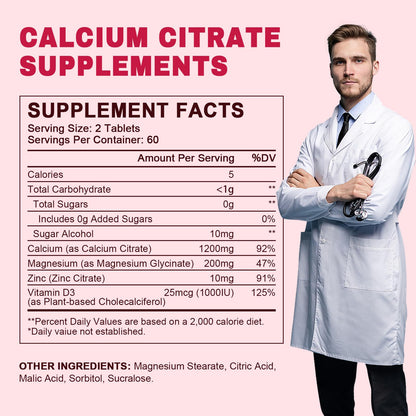 Calcium Citrate 1200 mg with Vitamin D3 | 120 Count Vegan Supplement for Bone & Teeth Health