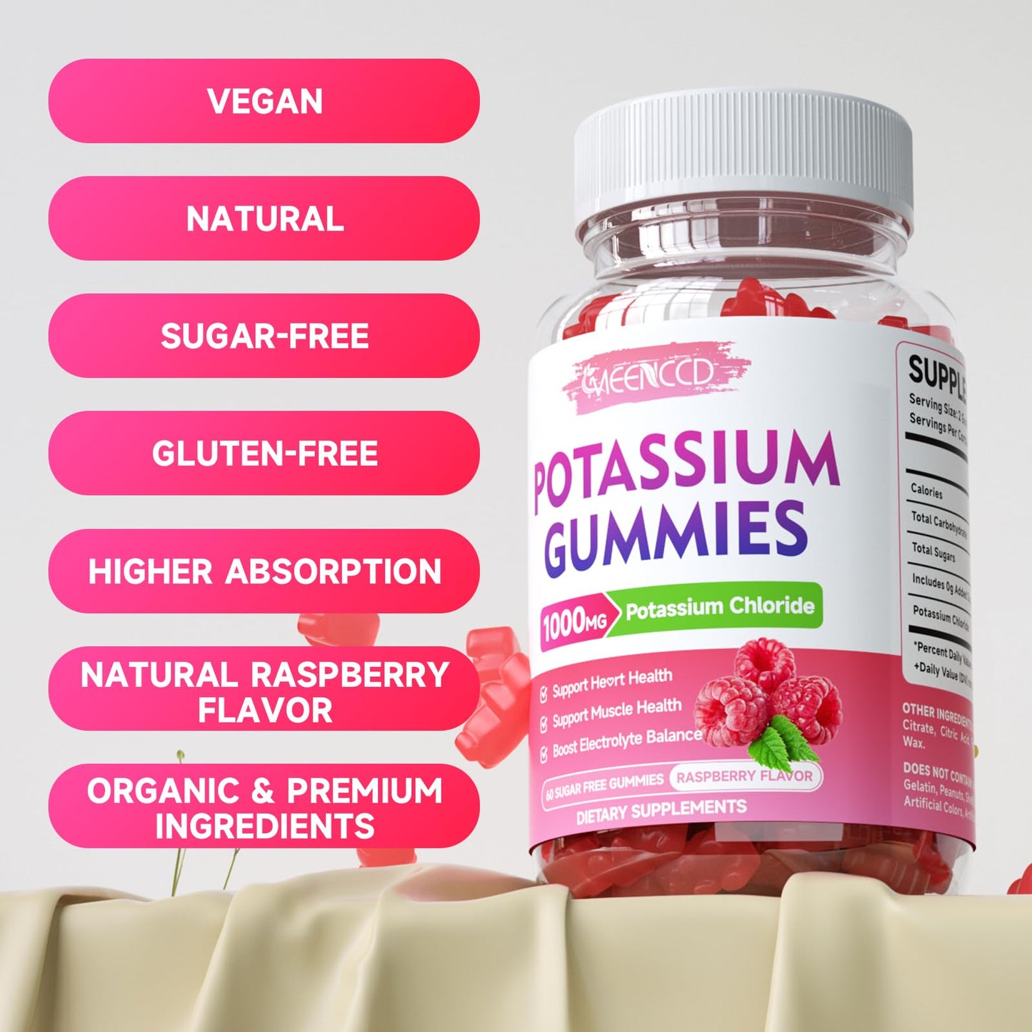 2 Pack Potassium Gummies 1000mg – Sugar-Free Raspberry (120 Count)