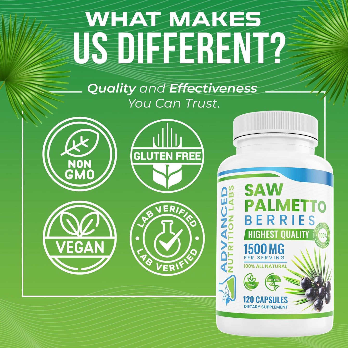 Advanced Nutrition Labs Saw Palmetto 1500 mg – Prostate Health, Hair Support & DHT Blocker | 120 Vegan Capsules