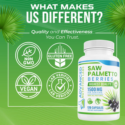 Advanced Nutrition Labs Saw Palmetto 1500 mg – Prostate Health, Hair Support & DHT Blocker | 120 Vegan Capsules