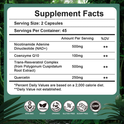 NAD Supplement 500mg - Pure Organic NAD+ for Women & Men | Trans-Resveratrol, CoQ10 & Quercetin