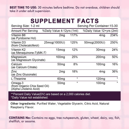 Kids Magnesium Glycinate Sleep Drops with L-Theanine – Melatonin-Free, Raspberry Flavor (30ml)