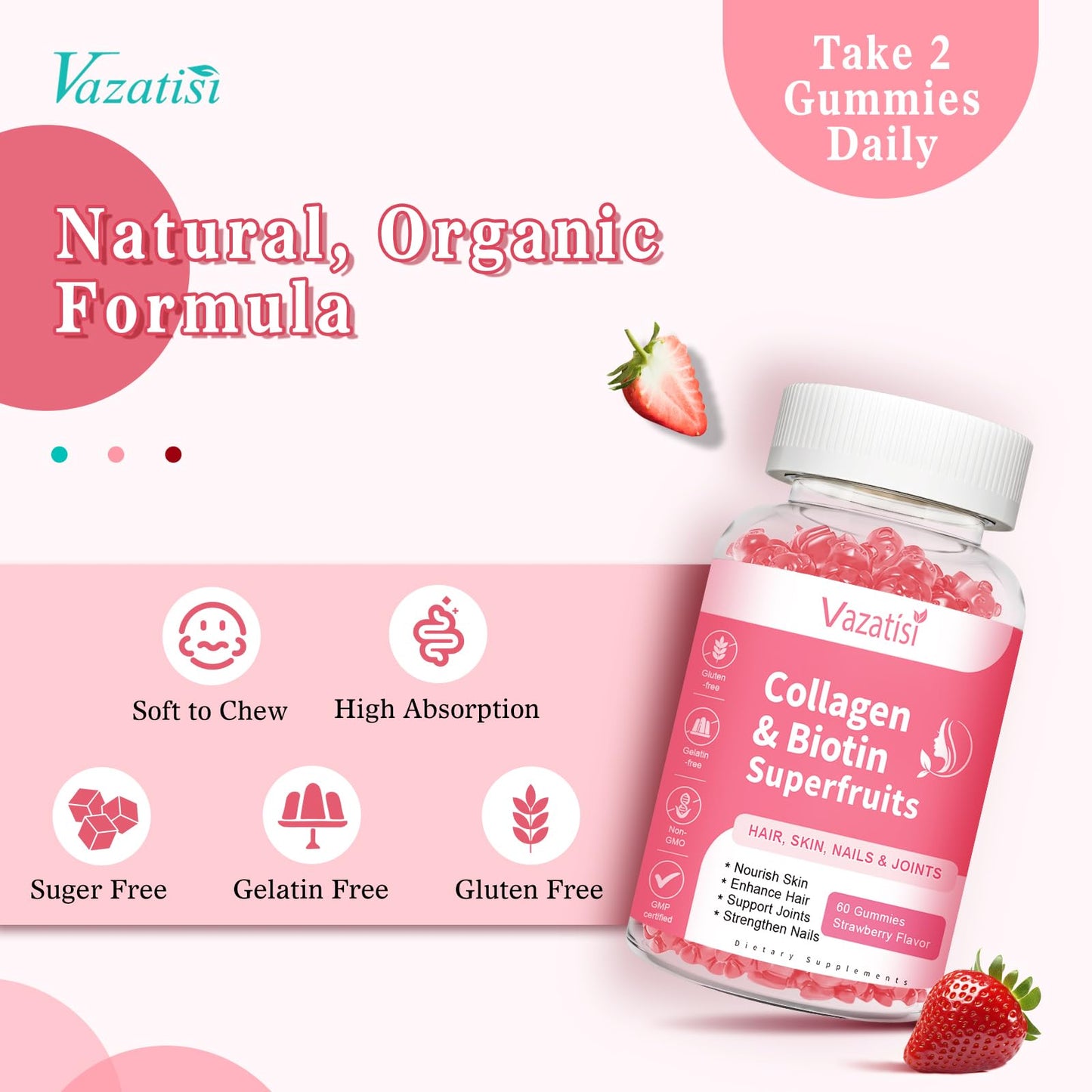 2 Pack Sugar Free Collagen Gummies for Women and Men – Multi-Collagen I-V X, Biotin, Strawberry 120 Count