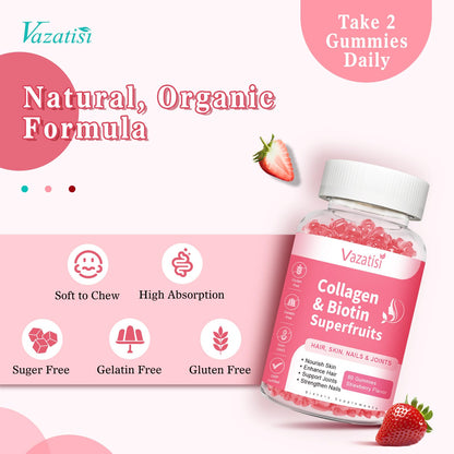 2 Pack Sugar Free Collagen Gummies for Women and Men – Multi-Collagen I-V X, Biotin, Strawberry 120 Count
