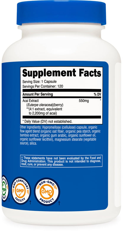 Nutricost Acai Extract 2,200mg, 120 Vegetarian Capsules (Euterpe Oleracea) from 550mg of 4:1 Extract – Non-GMO, Gluten Free