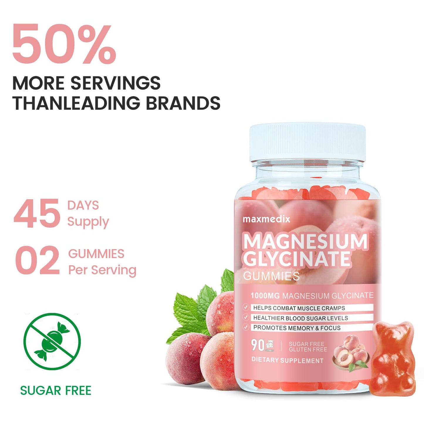Magnesium Glycinate Gummies 1000mg – Sugar Free Potassium Magnesium Chewables for Sleep & Relaxation | 90 Peach Gummies