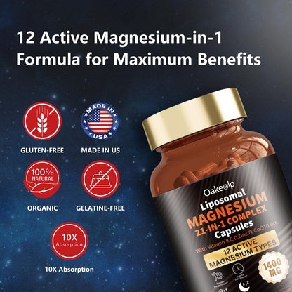 21-in-1 Liposomal Magnesium Complex 1400mg | 12 Forms + D3, B6, B12, Ashwagandha & CoQ10
