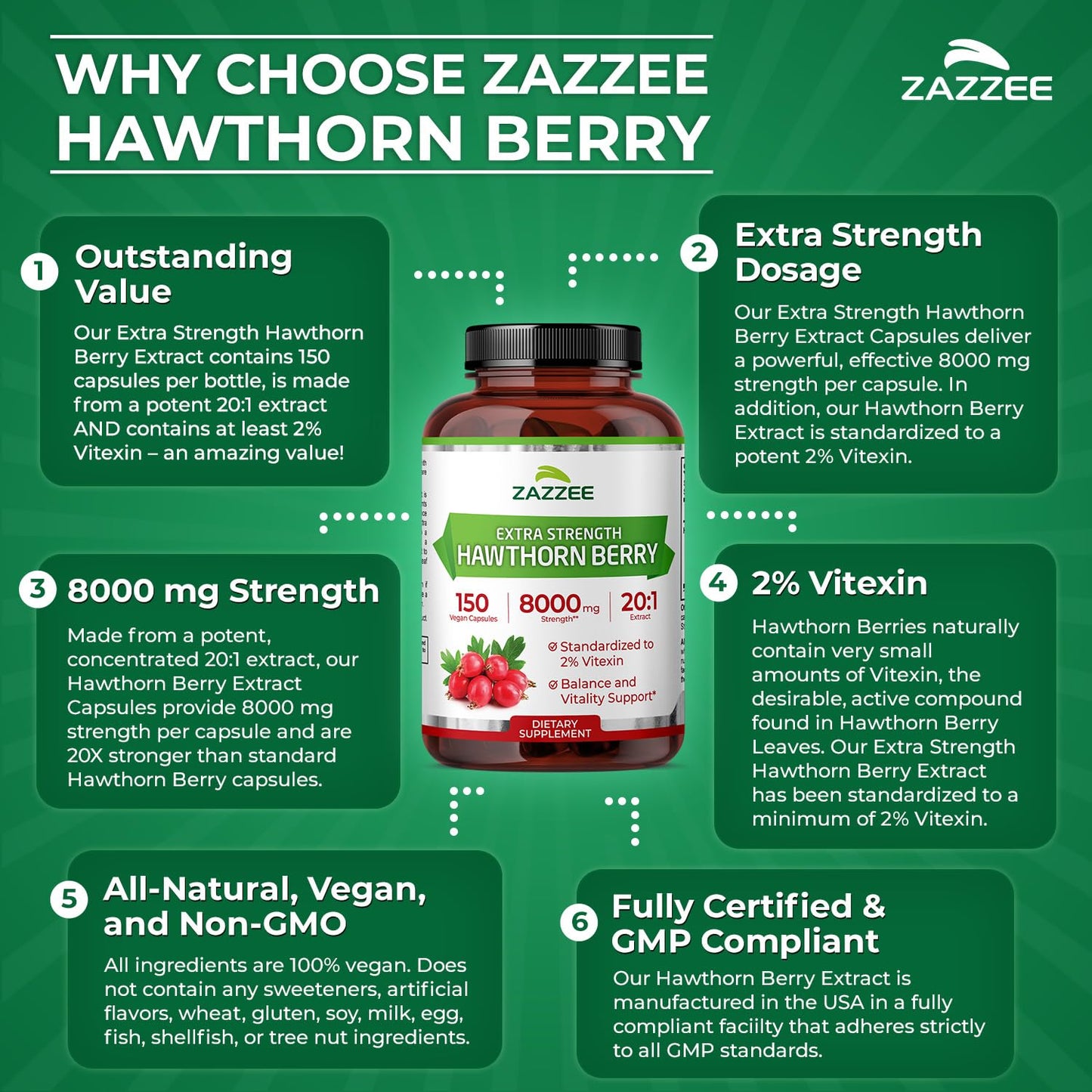 Zazzee Hawthorn Berry Extract 8000 mg (20:1) 150 Vegan Capsules