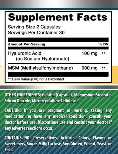 Amazing Formulas Hyaluronic Acid & MSM Supplement | 1000 Mg Per Serving | Capsules | Non-GMO | Gluten Free | Made in USA (60 Count | 1 Pack)