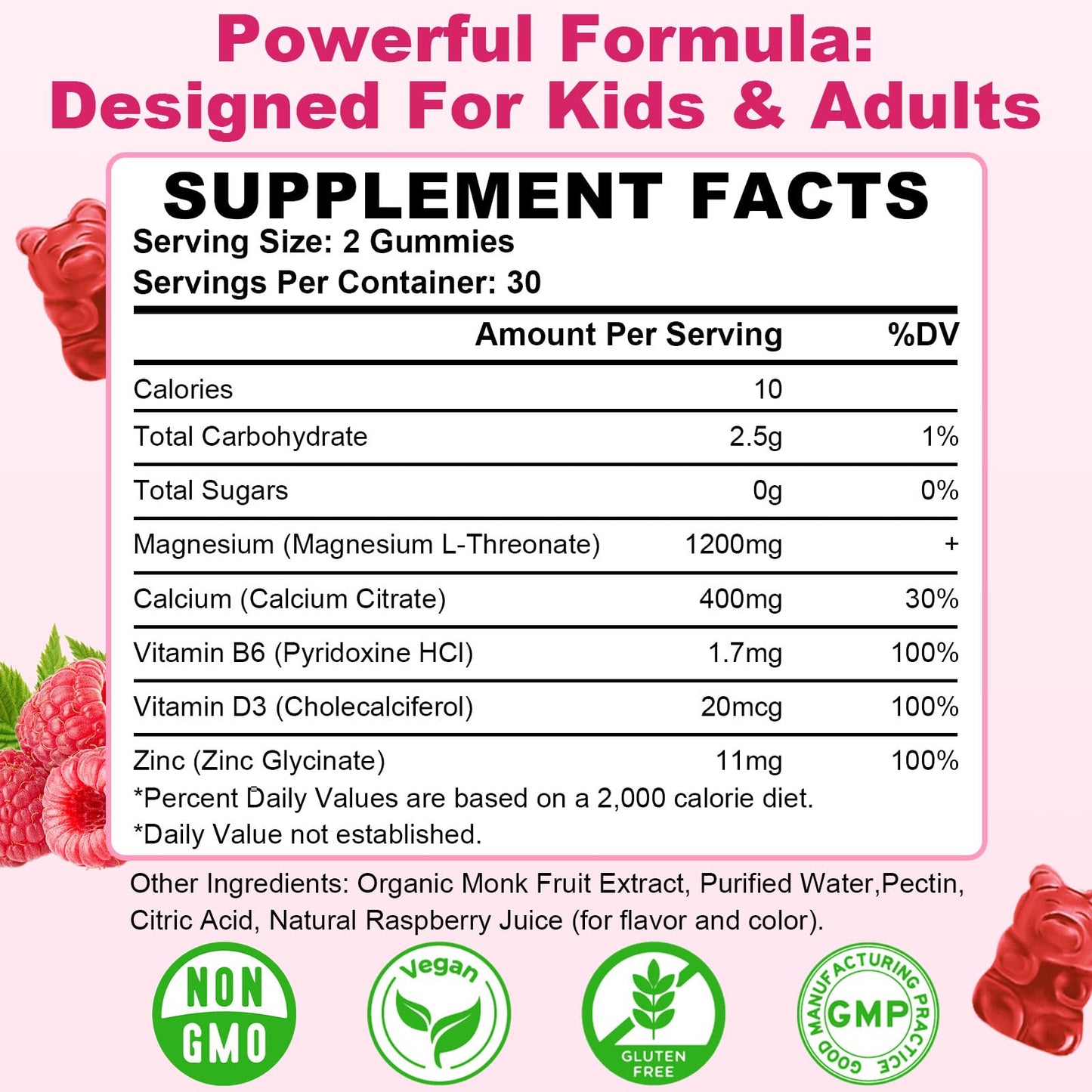 Magnesium L-Threonate Gummies 1200MG - Brain Health, Cognitive Support, Raspberry - 60 Count