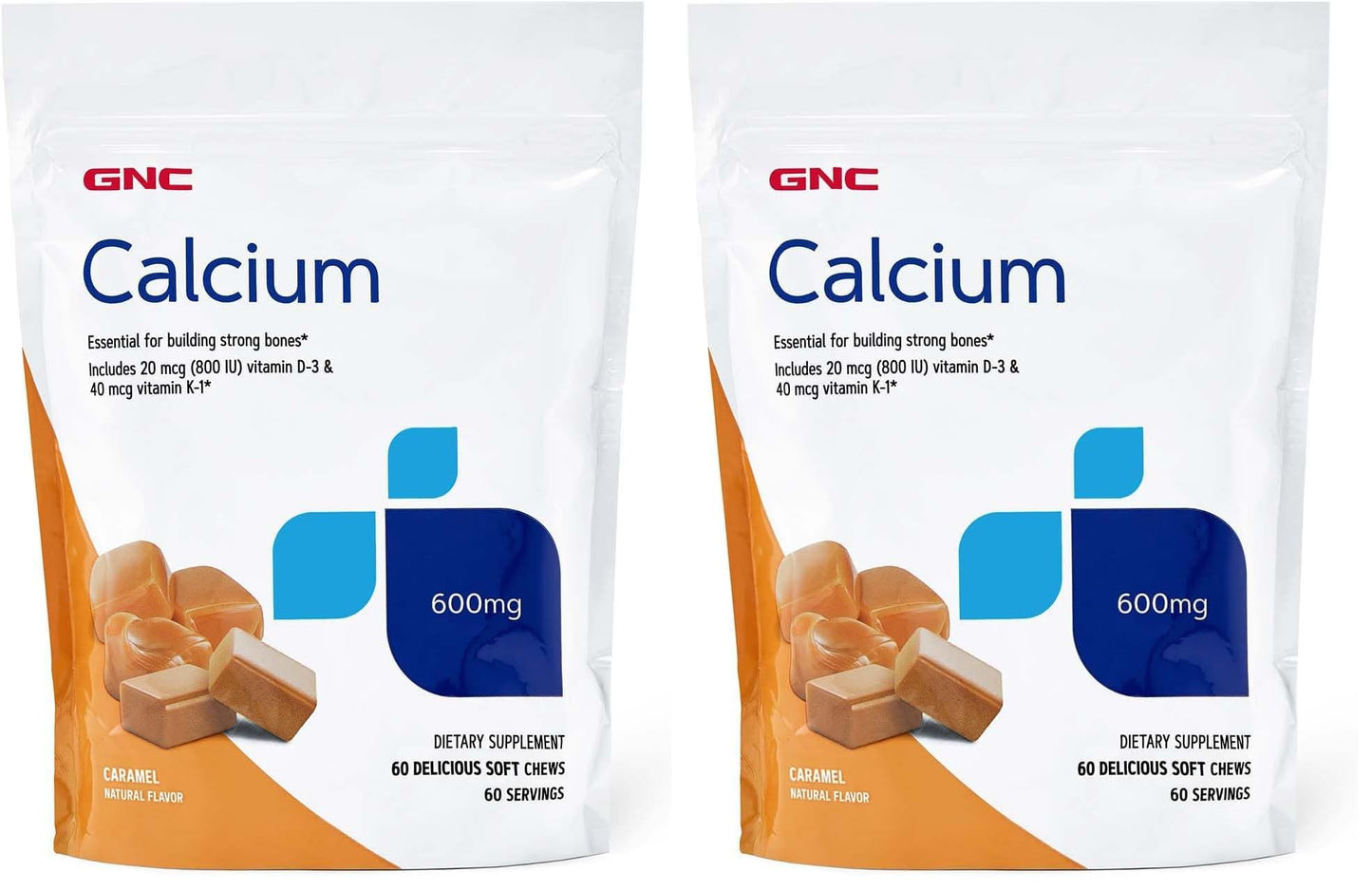 GNC Calcium 600mg Supplement – Supports Strong Bones, Caramel, 60 Servings (Pack of 2)