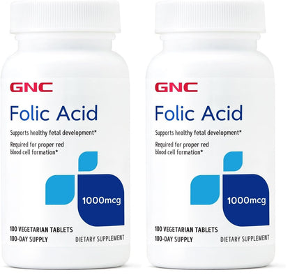 GNC Folic Acid 1000mcg – Supports Healthy Fetal Development | Vegetarian Formula | 100 Count (Pack of 2)