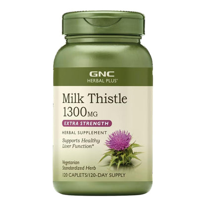 GNC Herbal Plus Milk Thistle 1300mg Supplement — Extra Strength Vegetarian Liver Support, 120 Servings