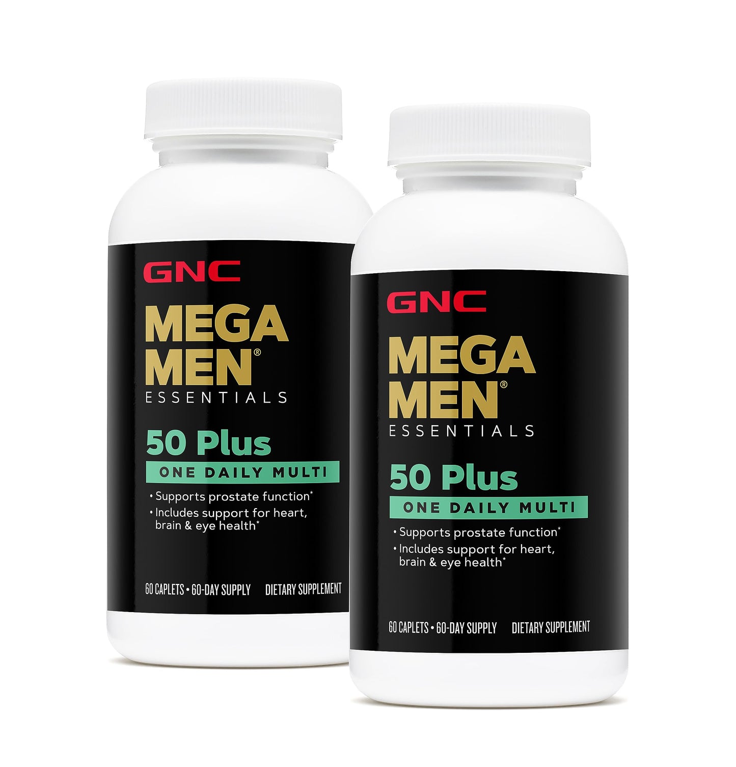 GNC Mega Men 50 Plus One Daily Multivitamin Twin Pack – 60 Caplets per Bottle – Supports Heart, Brain and Eye Health