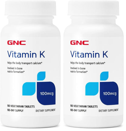 GNC Vitamin K 100mcg – 180 Tablets (Pack of 2) | Supports Calcium Transport & Bone Health