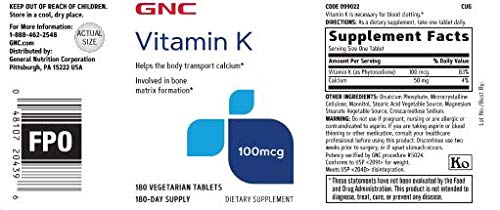 GNC Vitamin K 100mcg – 180 Tablets (Pack of 2) | Supports Calcium Transport & Bone Health