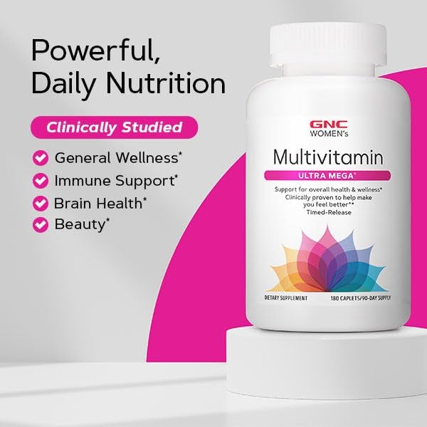 GNC Womens Ultra Mega Multivitamin Caplets – Immune Support, Timed Release, Gluten Free (90 ct)